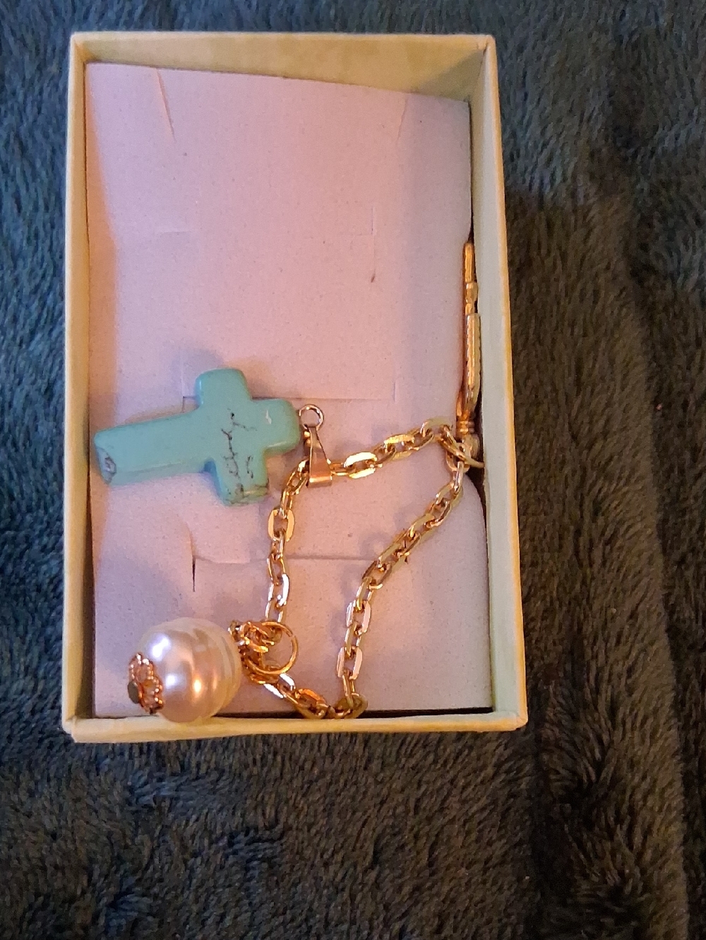 Gold Chain Necklsce  with Turquoise Cross and Pearl Charm And Gold Leaf
